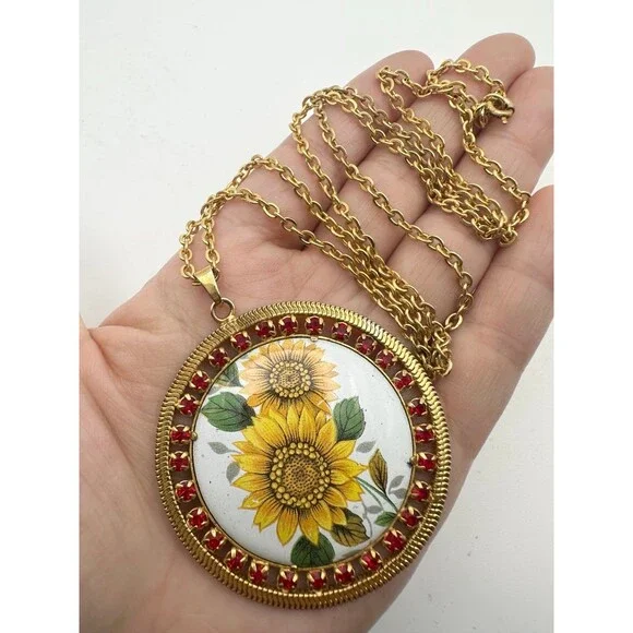 Vintage gold tone rhinestone sunflower pendant Necklace 23” - Picture 4 of 6